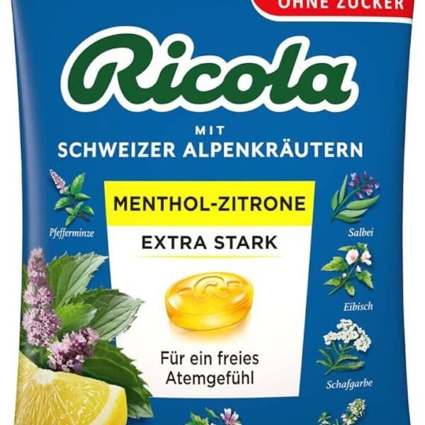 Ricola Menthol Zitrone extra stark, zuckerfrei, 75 g MHD: 31.03.25